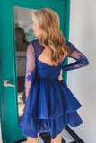 Round Neck Long Sleeves Blue Lace Prom Dress, Long Sleeves Blue Homecoming Dress PFH0459
