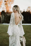 Lace Mermaid V Neck Long Sleeves Backless Bohemian Wedding Dresses PFW0645