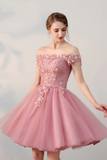 Chic A Line Off The Shoulder Tulle Pink Charming Short Prom Dress Homecoming Dress PFH0461