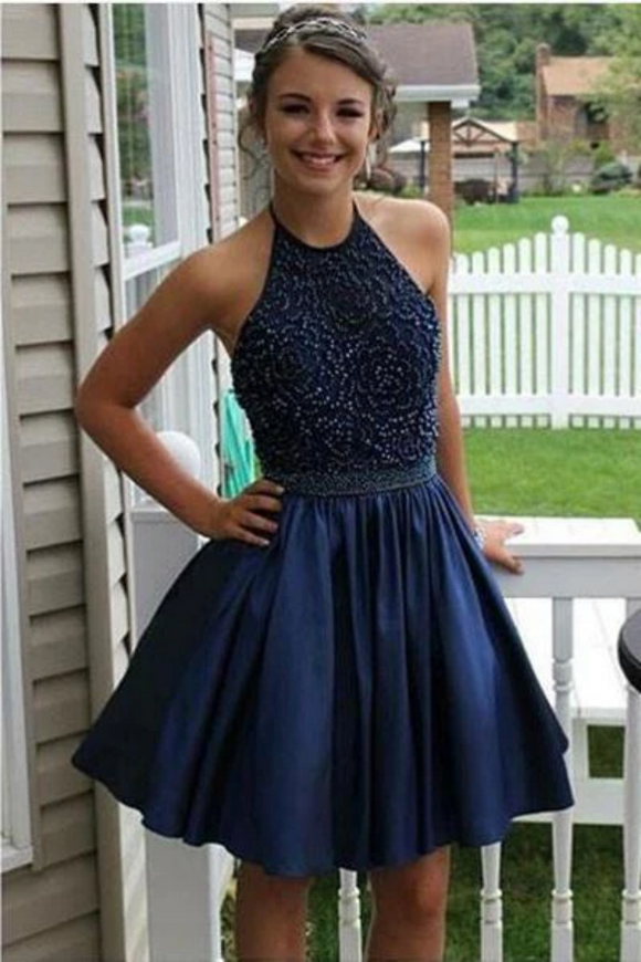 Navy Blue Beaded Satin Short Homecoming Dress For Teens PFH0462