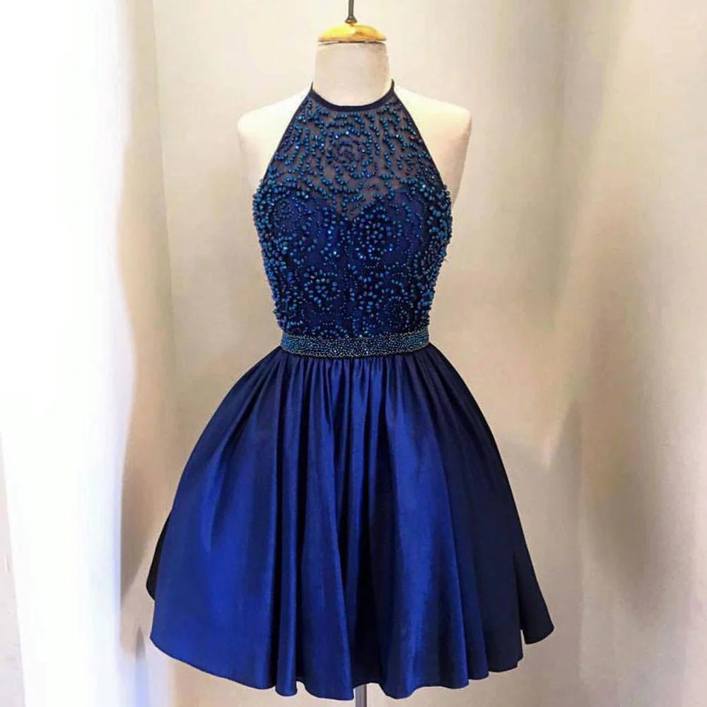 Navy Blue Beaded Satin Short Homecoming Dress For Teens PFH0462 Promfast Navy Blue Beaded Satin Short Homecoming Dress For Teens PFH0462 Promfast