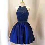 Navy Blue Beaded Satin Short Homecoming Dress For Teens PFH0462