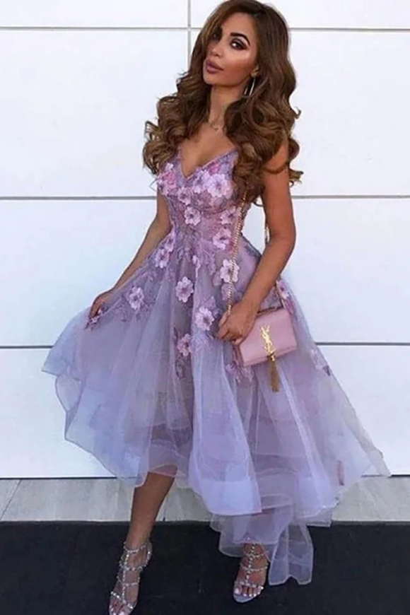 High Low V Neck Appliques Purple Lace Prom Dress, Lace Formal Graduation Homecoming Dress PFH0463