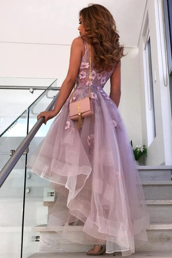 High Low V Neck Appliques Purple Lace Prom Dress, Lace Formal Graduati –  Promfast
