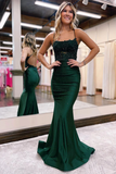 Charming Mermaid Scoop Neck Dark Green Satin Long Prom Dresses with Beading PFP2421