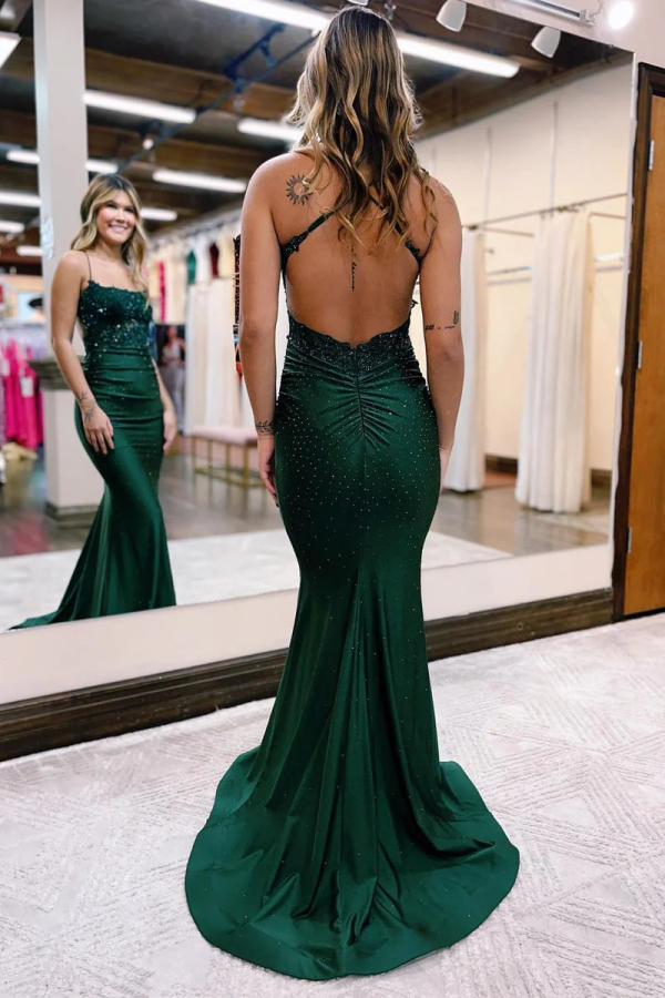 Charming Mermaid Scoop Neck Dark Green Satin Long Prom Dresses with Be –  Promfast