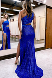 Cute Mermaid One Shoulder Royal Blue Sequins Prom Dresses with Appliques PFP2422