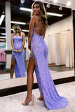 Cute Mermaid Scoop Neck Lavender Sequins Prom Dresses with Slit PFP2424