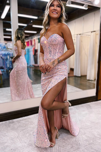 Cute Mermaid Pink Velvet Sequins Long Prom Dresses with Slit PFP2425