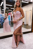 Cute Mermaid Pink Velvet Sequins Long Prom Dresses with Slit PFP2425