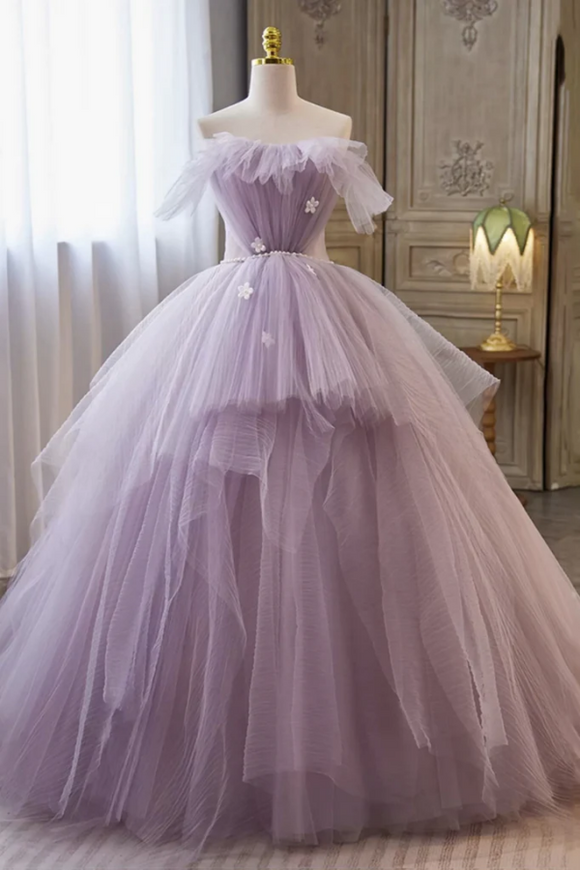 Princess Lavender Tulle Floral Long Prom Dress, Lavender Formal Evening Dress, Purple Ball Gown PFP2435