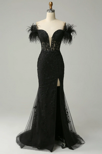 Strapless Black V Neck Feather Glitter Mermaid Long Prom Dress PFP2347