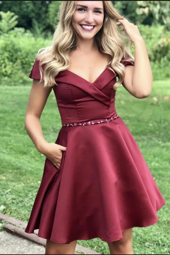 A Line Short Pleated Burgundy V Neck Off Satin Homecoming Dresses PFH0485