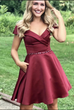 A Line Short Pleated Burgundy V Neck Off Satin Homecoming Dresses PFH0485