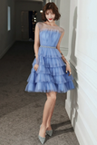 Blue Tulle Short Prom Dress, Cute Round Neck Layered Blue Party Dress PFH0486