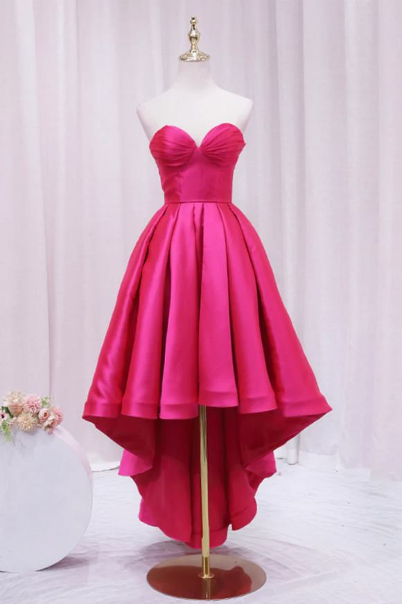 Hot Pink Satin High Low Prom Dress, Cute Sweetheart Neck Evening Party Dress PFH0488