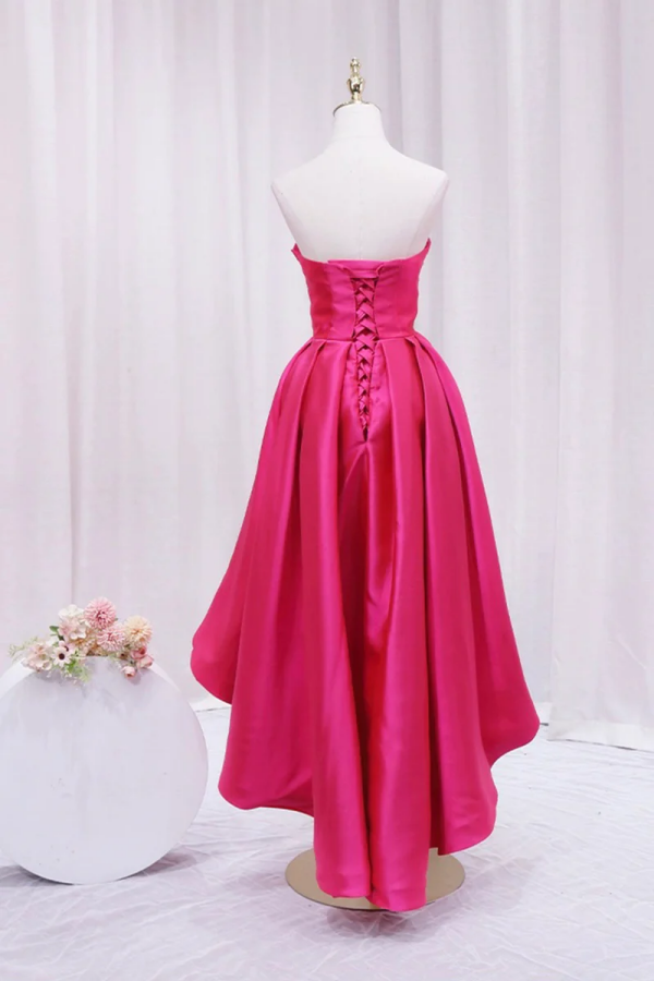Hot Pink Satin High Low Prom Dress, Cute Sweetheart Neck Evening Party –  Promfast