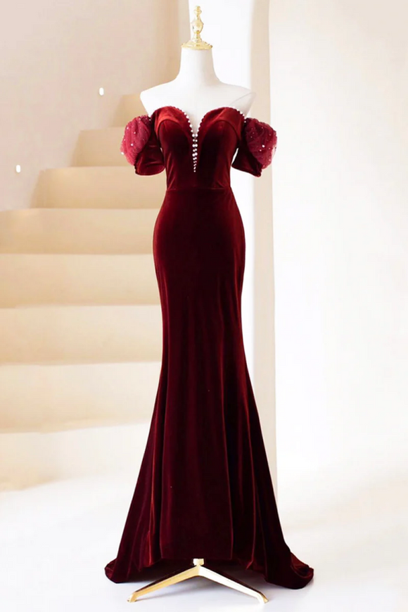 Burgundy Velvet Long Prom Dress, Burgundy Off Shoulder Pearl Evening Dress PFP2437