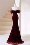 Burgundy Velvet Long Prom Dress, Burgundy Off Shoulder Pearl Evening Dress PFP2437
