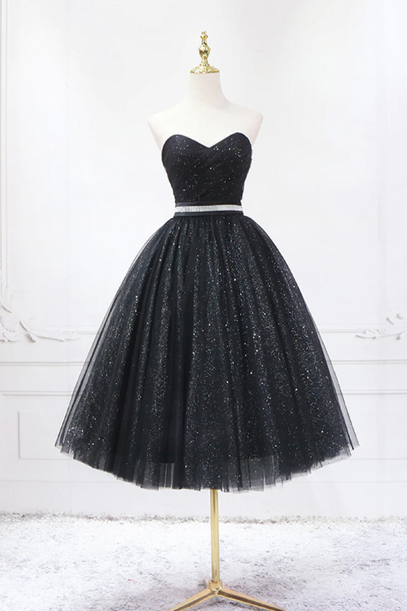 Black Strapless Shiny Tulle Tea Length Prom Dress, Black A Line Homecoming Dress PFH0491