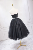 Black Strapless Shiny Tulle Tea Length Prom Dress, Black A Line Homecoming Dress PFH0491
