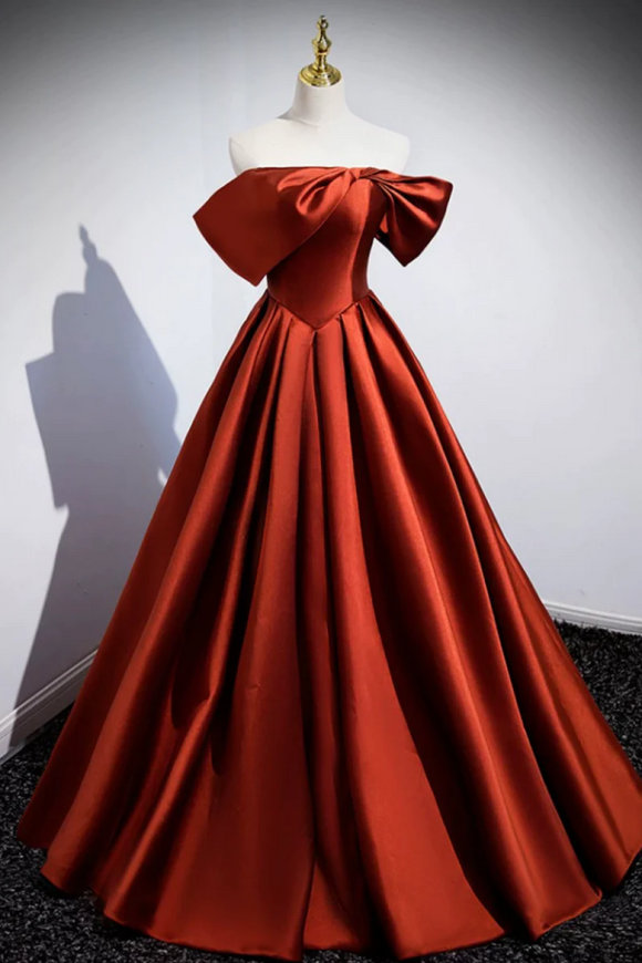Caramel Floor Length Satin Formal Dress, Cute Off Shoulder A Line Evening Dress PFP2348