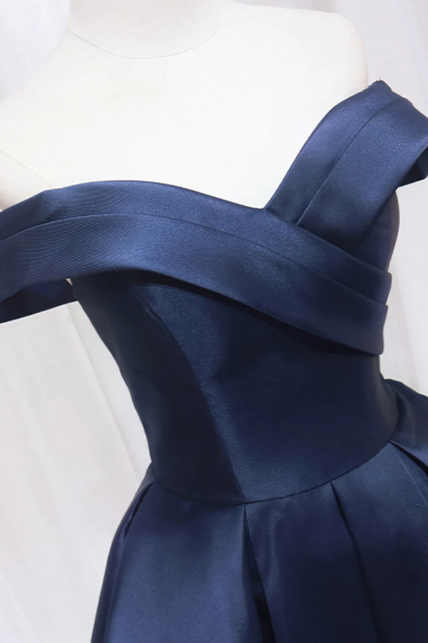 Blue Knee Length Satin Short Prom Dress, Off the Shoulder Blue Homecom –  Promfast
