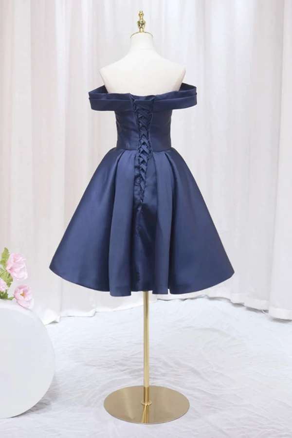Blue Knee Length Satin Short Prom Dress, Off the Shoulder Blue Homecom Promfast Blue Knee Length Satin Short Prom Dress, Off the Shoulder Blue Homecom Promfast