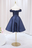 Blue Knee Length Satin Short Prom Dress, Off the Shoulder Blue Homecoming Dress PFH0492