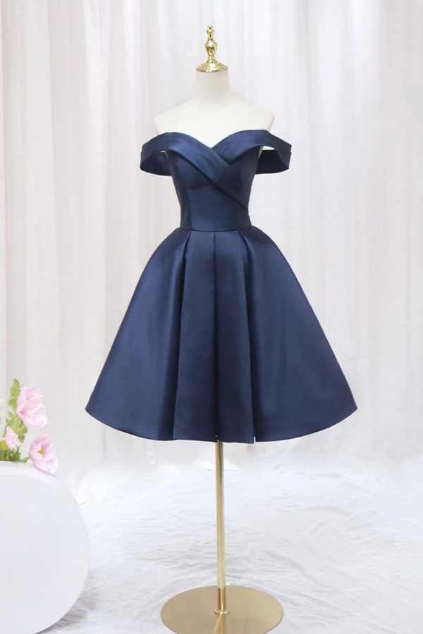 Blue Knee Length Satin Short Prom Dress, Off the Shoulder Blue Homecom –  Promfast
