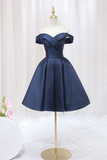 Blue Knee Length Satin Short Prom Dress, Off the Shoulder Blue Homecoming Dress PFH0492