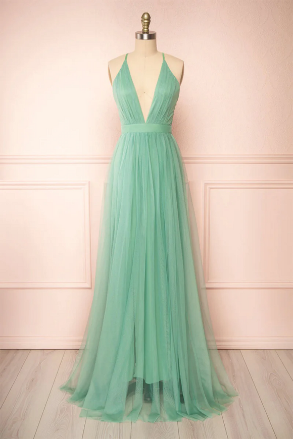 Sage Green V Neck Tulle Long Prom Dress, Simple Backless Evening Dress Promfast Sage Green V Neck Tulle Long Prom Dress, Simple Backless Evening Dress Promfast