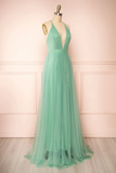 Sage Green V Neck Tulle Long Prom Dress, Simple Backless Evening Dress PFP2436