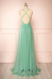 Sage Green V Neck Tulle Long Prom Dress, Simple Backless Evening Dress PFP2436