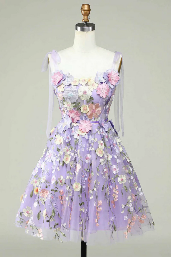Lavender 3D Floral Embroidered Party Dress, Cute A Line Homecoming Dress PFH0494