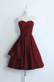 A Line Simple Strapless Burgundy Short Prom Dress Satin Homecoming Dress PFH0495