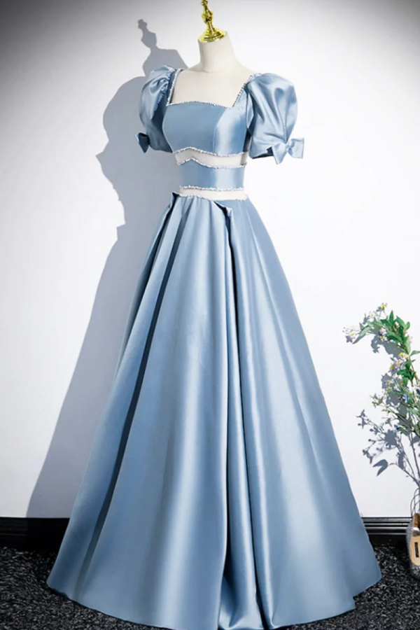 Unique Blue Satin Long Prom Dress, A Line Short Sleeve Blue Evening Dr –  Promfast