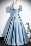 Unique Blue Satin Long Prom Dress, A Line Short Sleeve Blue Evening Dress PFP2439