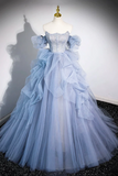 Blue Cascading Ruffles Long Prom Dresses, A Line Strapless Short Sleeve Sweep Train Evening Dress PFP2440