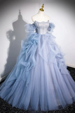 Blue Cascading Ruffles Long Prom Dresses, A Line Strapless Short Sleeve Sweep Train Evening Dress PFP2440