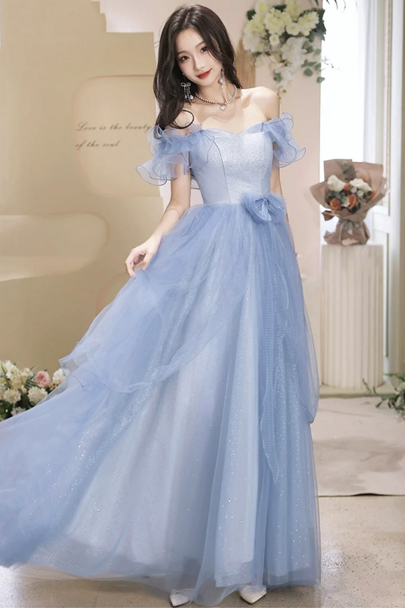 French Stylish Off Shoulder Blue Tulle Prom Dress with Bow PFP2441