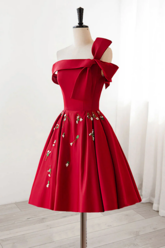 A Line Satin Burgundy Short Prom Dress, Burgundy Homecoming Dress with Beading PFH0497