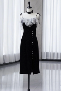 Black Mermaid Velvet Short Prom Dresses, Black Short Evening Dresses PFH0498