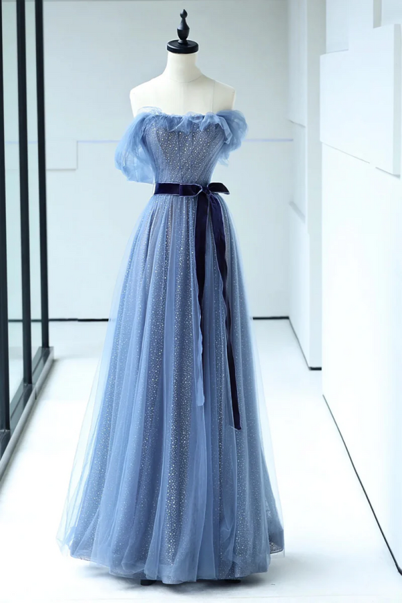 Beautiful Blue Floor Length Prom Dress, A Line Strapless Tulle Evening Dress PFP2442