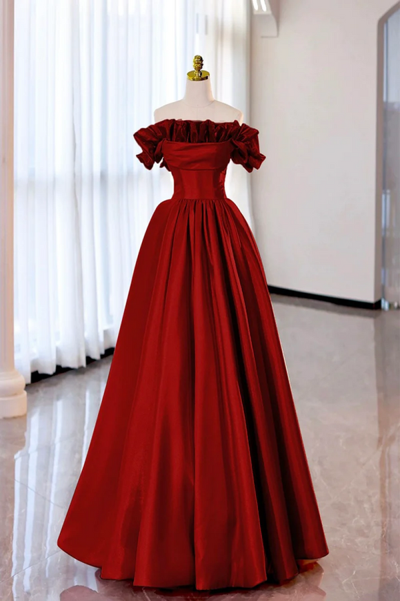 Burgundy Strapless Satin Long Prom Dress, A Line Evening Party Dress PFP2443