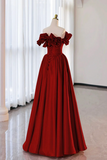 Burgundy Strapless Satin Long Prom Dress, A Line Evening Party Dress PFP2443