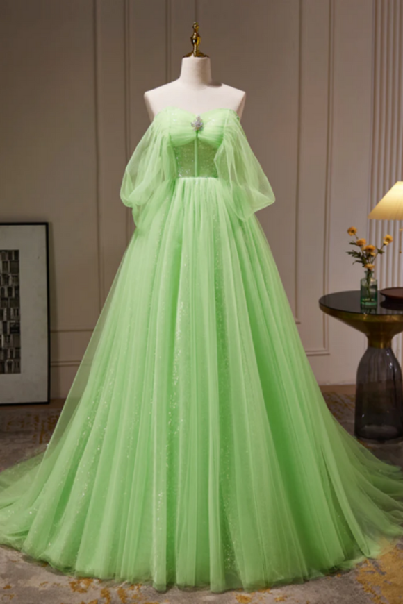 A Line Sweetheart Neck Tulle Green Long Prom Dress, Green Tulle Long Evening Dress PFP2444