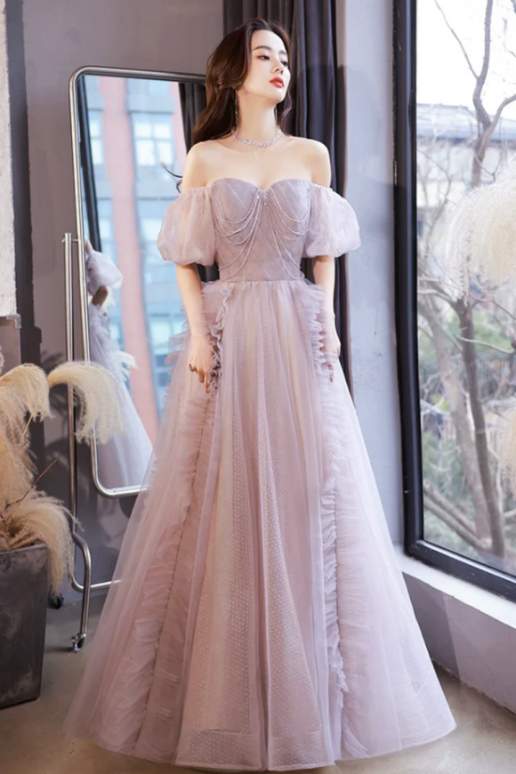 A Line Tulle Long Prom Dress with Beaded, Beautiful Off the Shoulder Evening Graduation Dress PFP2445
