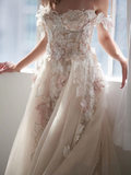 Promfast Romantic Appliques Floral Backless Lace Wedding Dress Sexy Tulle Boho Bridal Gown PFW0508