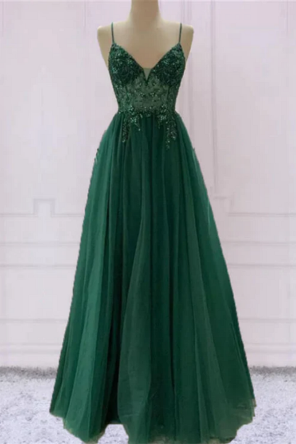 Emerald Green Tulle Prom Dress Beaded V Neck Party Gown PFP2447